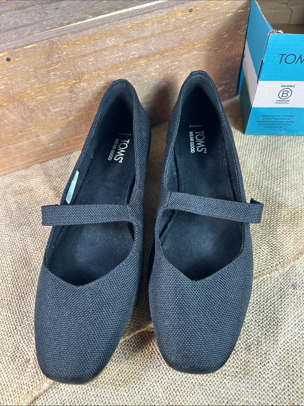 Toms Black Canvas Mary Jane Flats with Strap - Picture 2 of 10